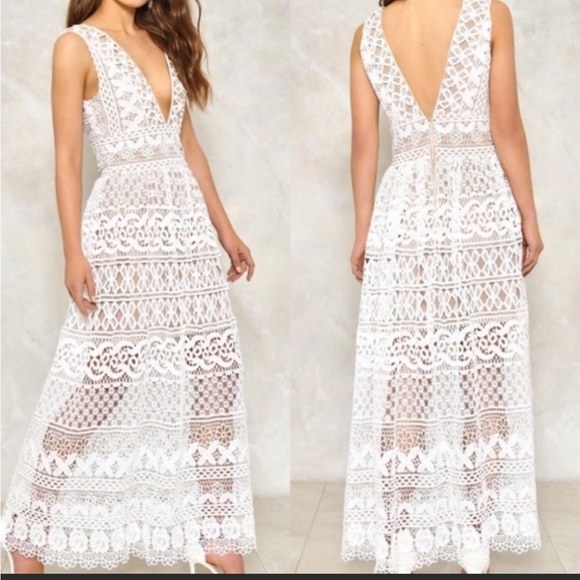 White crochet lace maxi with nude lining - Picture 1 of 9